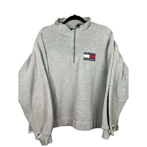 Tommy Hilfiger Unisex Grey Long Sleeve Quarter Zip Pullover Distressed Size XL - Picture 1 of 10